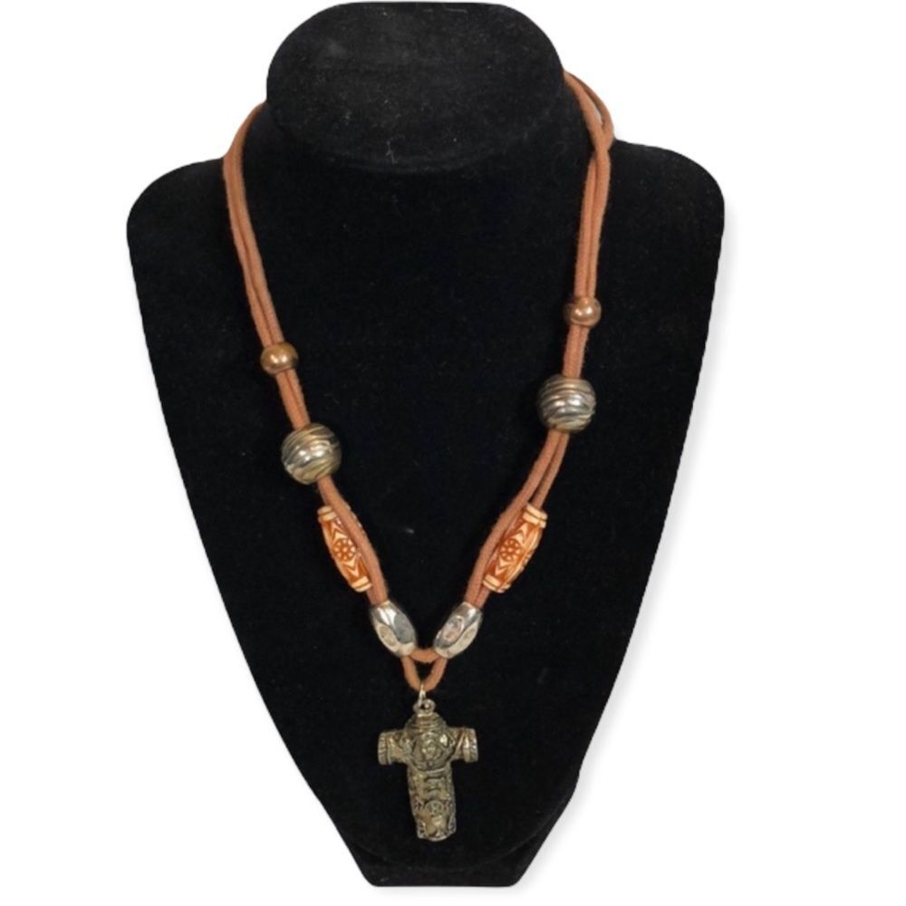 Handmade Cross Pendant on Beaded Fabric Cord OOAK
